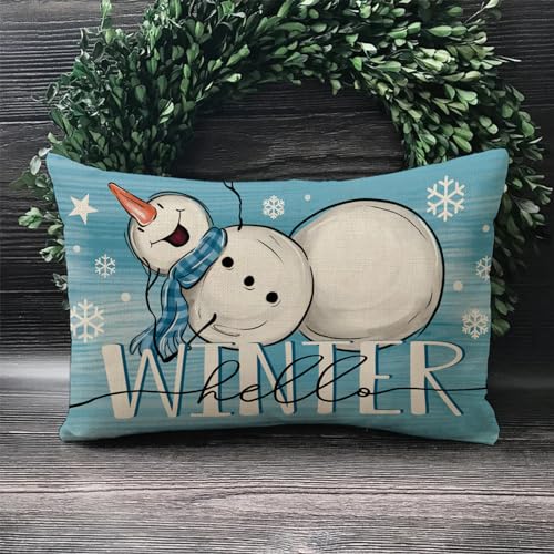 Hello Winter Snowman Blue Lumbar Throw Pillow Cover 12x20 Pack of 4