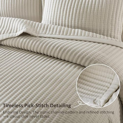 WDCOZY Cal King Size Quilt Set - Beige Striped Pick Stitch Bedspread