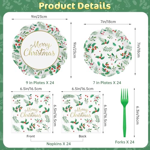 Christmas 96-Piece Disposable Tableware Set with Plates Napkins Forks - Holly Leaves Red Berries, Party Supplies, Variation: Christmas-96p