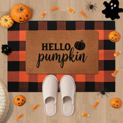 Halloween Door Mat Set with Pumpkin Coir & Orange Black Plaid - Fall Porch Decor