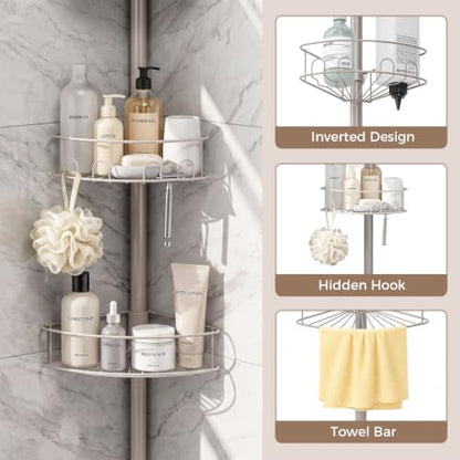TOOLF Corner Shower Caddy Tension Pole 4-Tier Bathroom Organizer Gray
