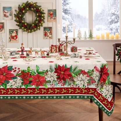 Christmas Poinsettia Flowers Rectangular Tablecloth 60 x 120 Inch Waterproof Washable Fabric