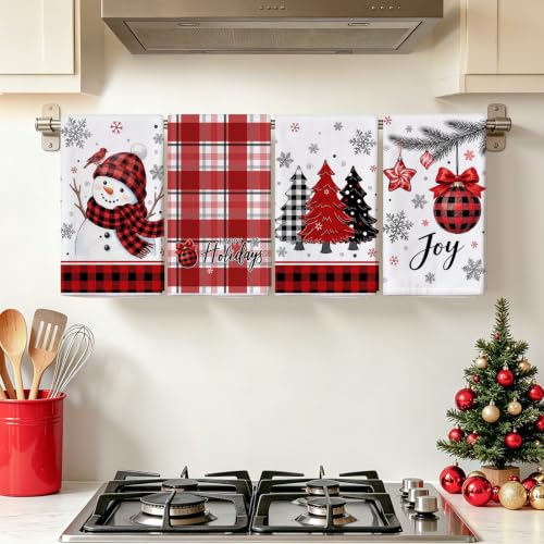 Christmas Kitchen Towels Set of 4 - Red Plaid Hand Towels for Holiday Decor - 16x23.5 Inch