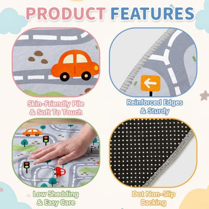 Kids Round Road Track Rug 47x47 Inches - Brown Variation - Car Play Mat for Bedroom & Playroom