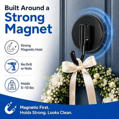 Magnetic Wreath Hanger for Front Door Black 2 Pack - Reusable & Damage-Free