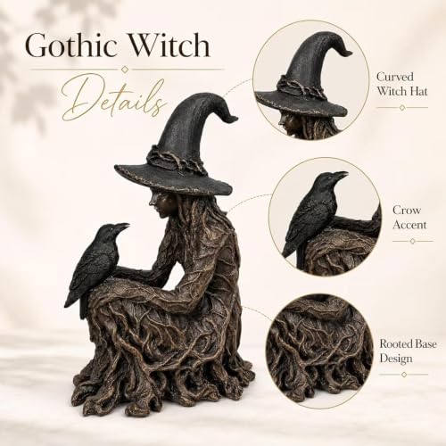 Gothic Witch Figurine Halloween Decor - Mystical Raven Statue with Textured Gown