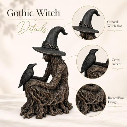 Gothic Witch Figurine Halloween Decor - Mystical Raven Statue with Textured Gown