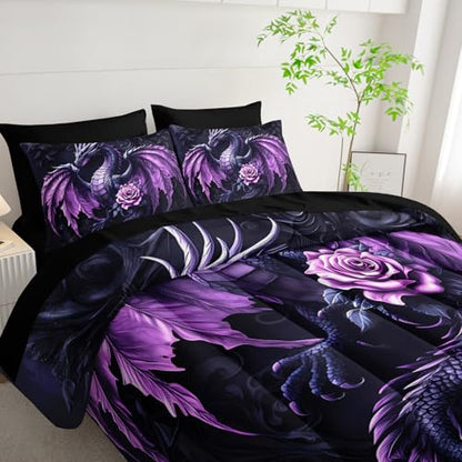 A-Dragon Queen Size Fantasy Dragon Comforter Bedding Set with Sheets & Pillowcases - Purple