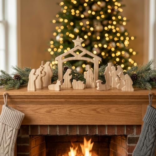 Unfinished Wooden Nativity Scene Set - 13 Pcs Christian Christmas Decor