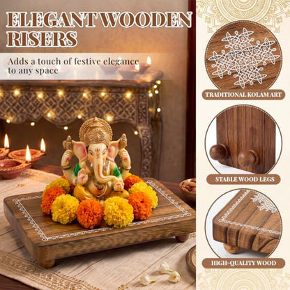 Wooden Pooja Stand Set of 6 with Kolam Pattern - Diwali & Religious Gifts, 15 x 9 cm
