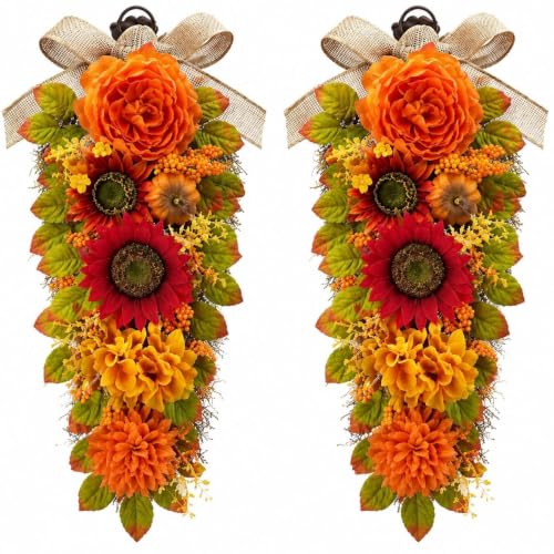 Fall Swags for Front Door - 23.6 Inch Autumn Wreath Set Orange Yellow - 2 Pieces