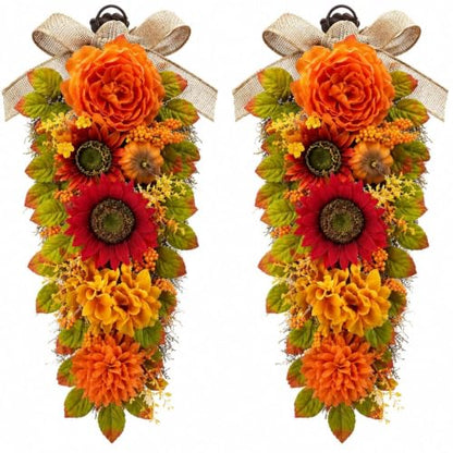 Fall Swags for Front Door - 23.6 Inch Autumn Wreath Set Orange Yellow - 2 Pieces