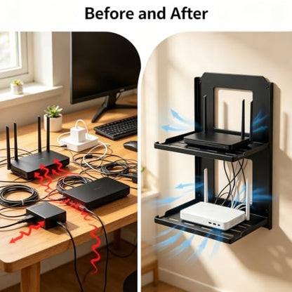 2‑Tier Foldable Wall Mount Router Shelf - Black Metal, 10" Wide