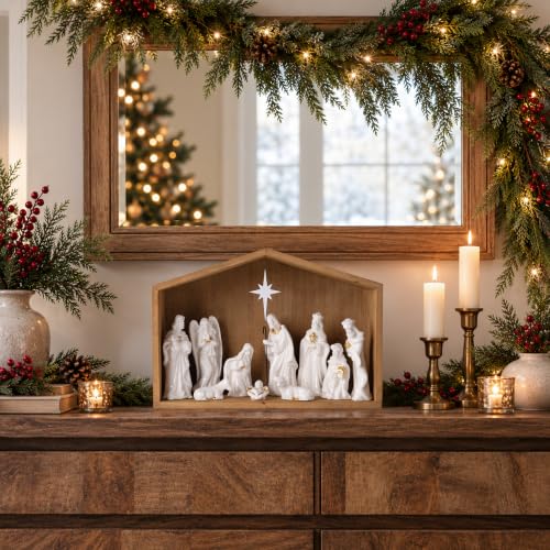 White Ceramic Nativity Set with Wooden Stable - 11 Piece Christmas Scene