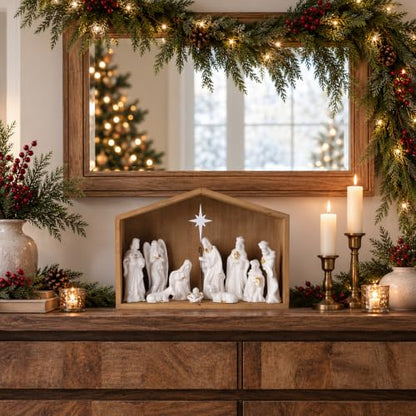 White Ceramic Nativity Set with Wooden Stable - 11 Piece Christmas Scene