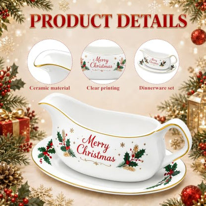 Christmas Ceramic Gravy Boat Set with Saucer, 17oz, Holiday Tableware - Suclain