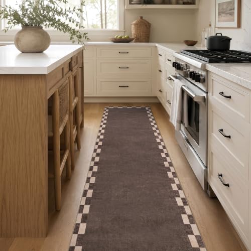 Checkerboard Border Washable Non-Slip Runner Rug 2'x10' Brown - Rectangular