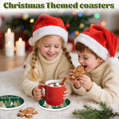 Christmas Ceramic Coasters Green Gold Xmas Tree Drink Coasters Set - Holiday Home Decor