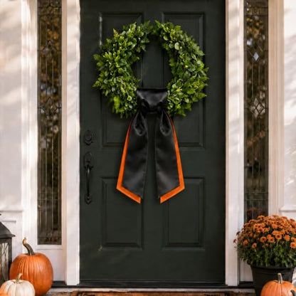 Halloween Wreath Sash Set - Black and Orange Satin Decor for Front Door