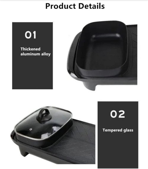 Electric 2 in 1 Grill with Shabu Shabu Hot Pot. Multifunctional Indoor Teppanyaki Korean BBQ Capacity for 2-5 People