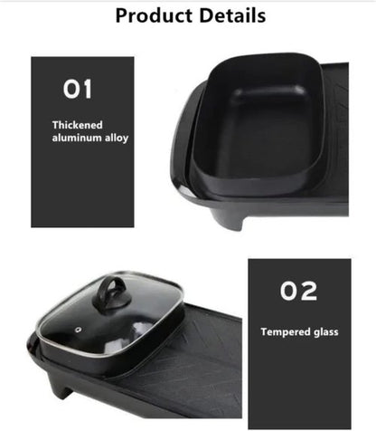 Electric 2 in 1 Grill with Shabu Shabu Hot Pot. Multifunctional Indoor Teppanyaki Korean BBQ Capacity for 2-5 People