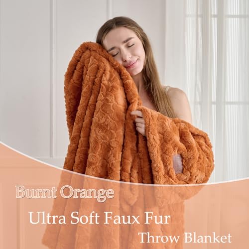 Faux Fur Rabbit Throw Blanket - Burnt Orange, 60x90 Inch Super Soft Plush Warm Blanket
