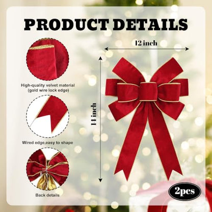 Red Velvet Christmas Bows Set of 2 for Wreaths & Tree Toppers - Holiday Decor