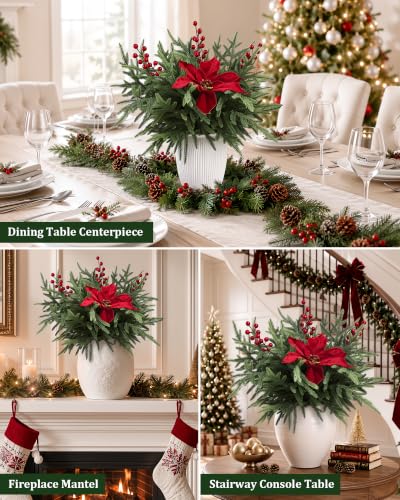 12Pcs Christmas Norfolk Pine Stems with Red Berries & Poinsettia Decorative Branches