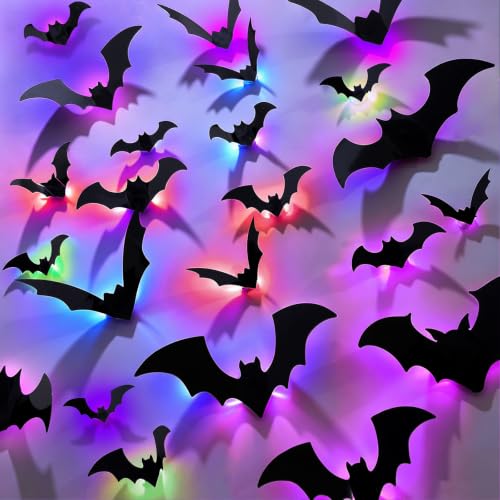 Purple Light-Up 3D Bat Wall Decals Halloween Indoor Outdoor Decorations