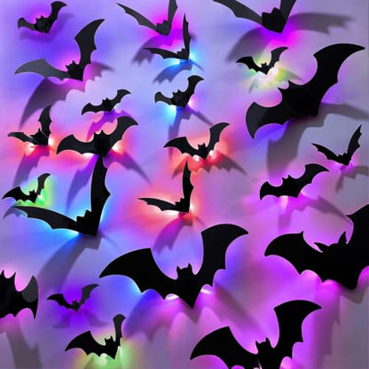Purple Light-Up 3D Bat Wall Decals Halloween Indoor Outdoor Decorations