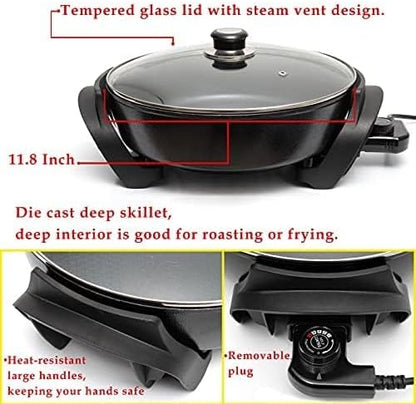 Moss & Stone Electric Skillet - 12-Inch Nonstick Frying Pan with Vented Lid & Adjustable Temperature Control