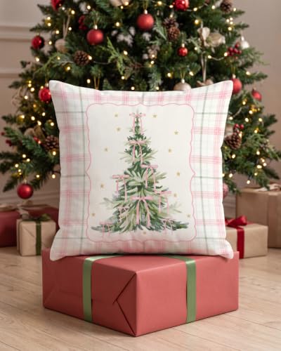 Pink Ribbon Christmas Tree Pillow Cover 18x18 - Holiday Decor with Plaid Border