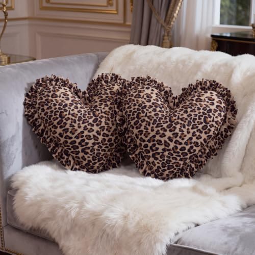 Fumete 2 Pcs Leopard Heart Pillow Set - Ruffles Brown 16 Inch