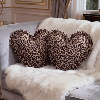 Fumete 2 Pcs Leopard Heart Pillow Set - Ruffles Brown 16 Inch
