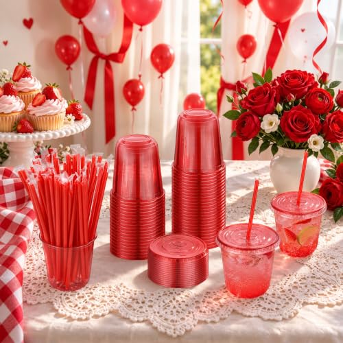 Red Disposable Party Cups with Lids & Straws 50 Pack - 12oz