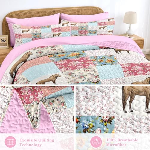 Queen Quilt Set with Horse Floral Pattern - 7 Pieces Pink Bedding