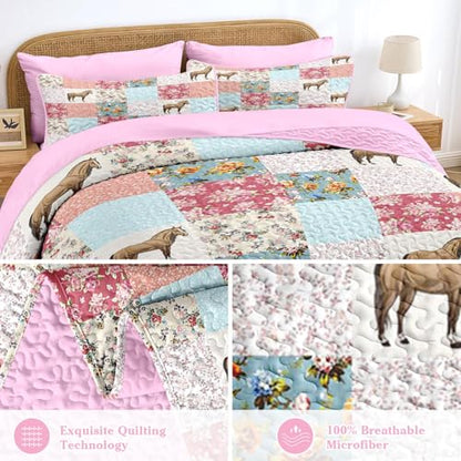Queen Quilt Set with Horse Floral Pattern - 7 Pieces Pink Bedding