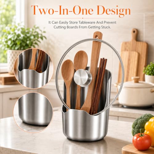 Stainless Steel Kitchen Utensil Holder 2-in-1 Pot Lid & Spoon Rest Organizer