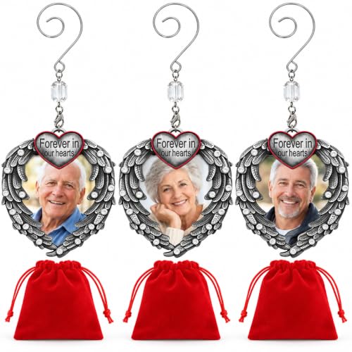 Memorial Photo Ornament Set - Silver Heart with Angel Wings, 3 Pack with Storage Bag - Personal Keepsake for Loss of Loved One