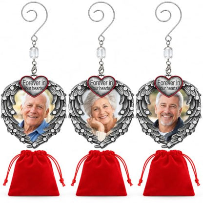 Memorial Photo Ornament Set - Silver Heart with Angel Wings, 3 Pack with Storage Bag - Personal Keepsake for Loss of Loved One