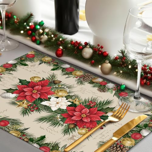Christmas Poinsettia Placemat Set of 4 - 12x18 Inch Holiday Table Decor