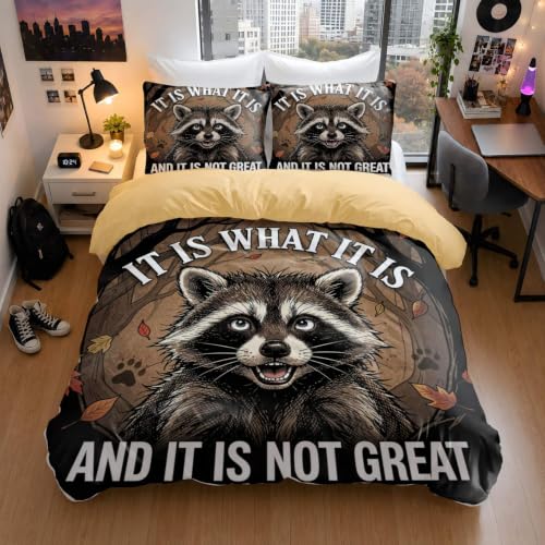 King Raccoon Cartoon Duvet Cover Set with Pillowcases - Soft Microfiber Bedding for Kids Teens Bedroom Decor (104x90in + 20x30in)