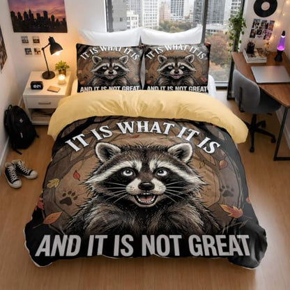 King Raccoon Cartoon Duvet Cover Set with Pillowcases - Soft Microfiber Bedding for Kids Teens Bedroom Decor (104x90in + 20x30in)