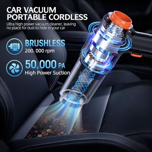 Cordless Handheld Car Vacuum Cleaner 50,000Pa Powerful Suction 6-in-1 with Dual Batteries