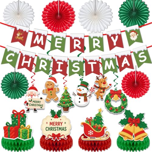 Christmas Decorations Set - Red White Green Xmas Banner Paper Fans Swirls & Honeycomb