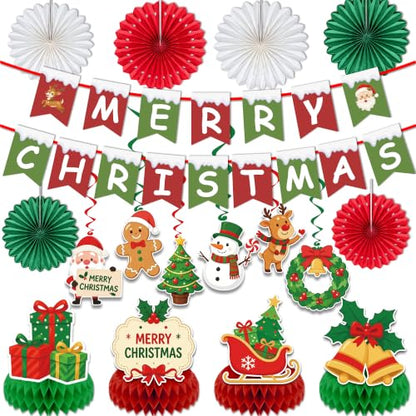 Christmas Decorations Set - Red White Green Xmas Banner Paper Fans Swirls & Honeycomb