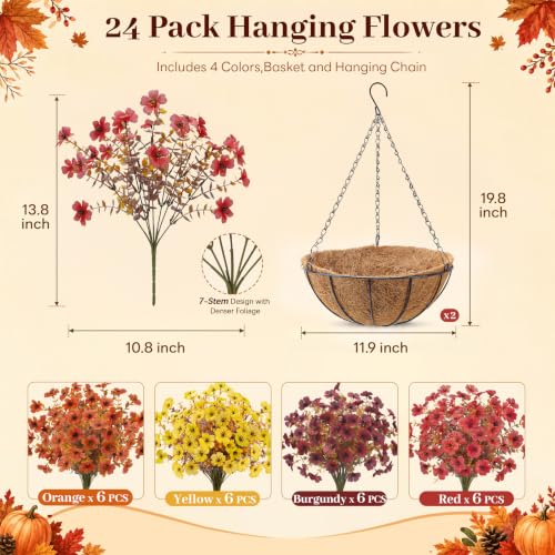 Fall Artificial Flower Baskets with Hanging Chains - 4-Color Autumn Decor Set