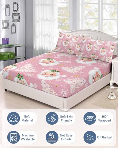 Christmas Santa Claus Xmas Tree Fitted Bed Sheet King Pink Variation