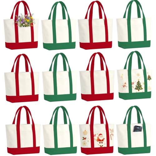 Eccliy 12 Pcs Mini Canvas Tote Bags 13x11x6 Inches Red Green - Holiday Gift Bags