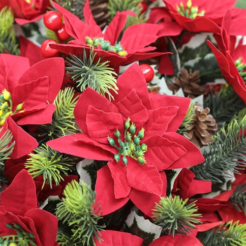 Artificial Christmas Poinsettia Flowers with Red Berries - Red & Green, 12 Pcs